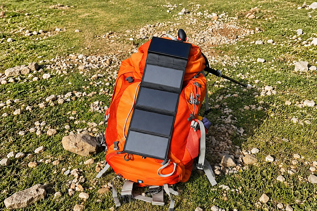 Electron déplié et fixé sur un sac à dos orange, en plein air