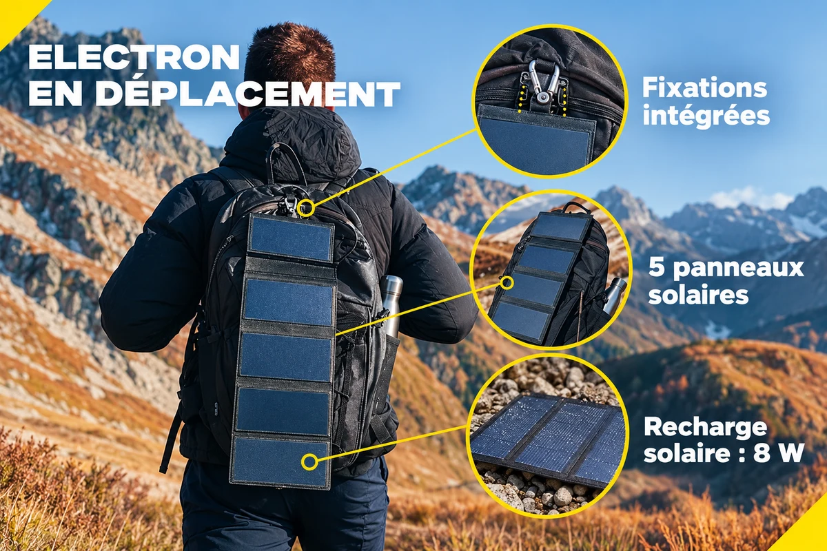 Electron sur un sac à dos : fixations intégrées, cinq panneaux et recharge solaire de 8 W