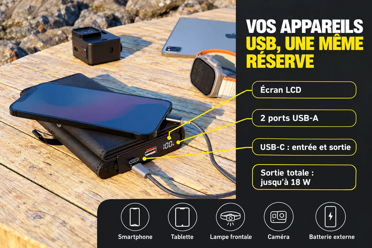 Connexions USB et écran LCD d’Electron : deux ports USB-A, un USB-C et sortie totale jusqu’à 18 W