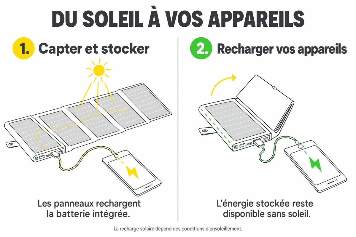 Schéma : capter et stocker l’énergie solaire, puis recharger ses appareils