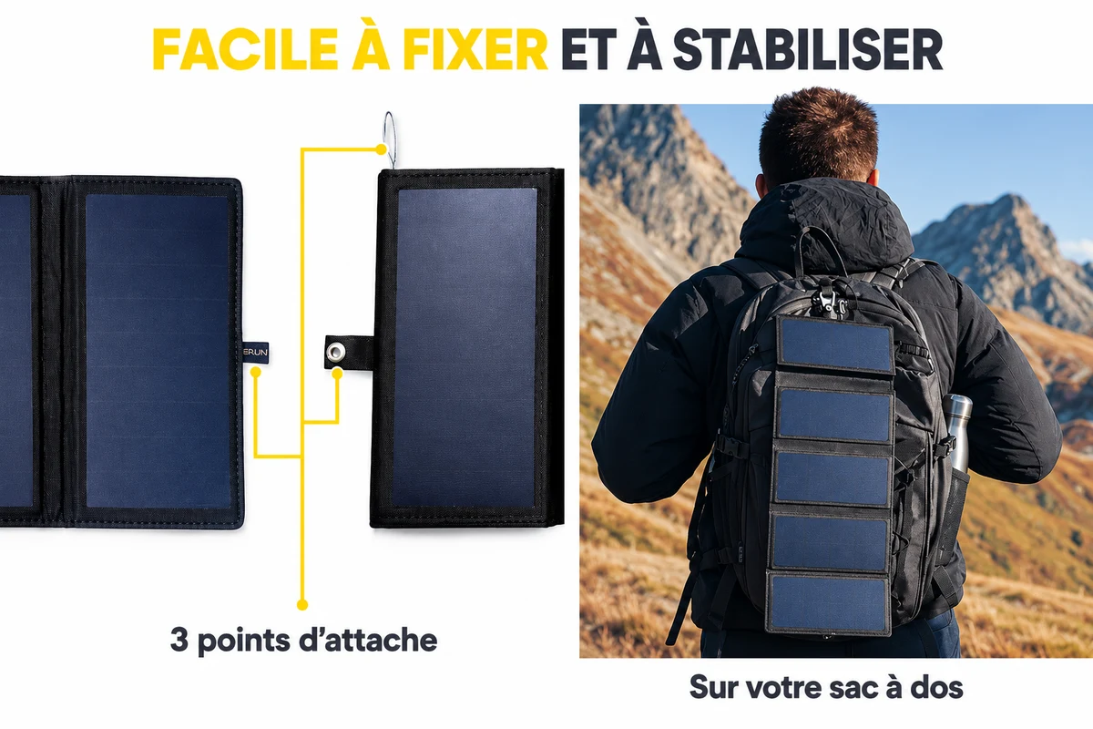 Les trois points d’attache et la fixation d’Electron sur un sac à dos